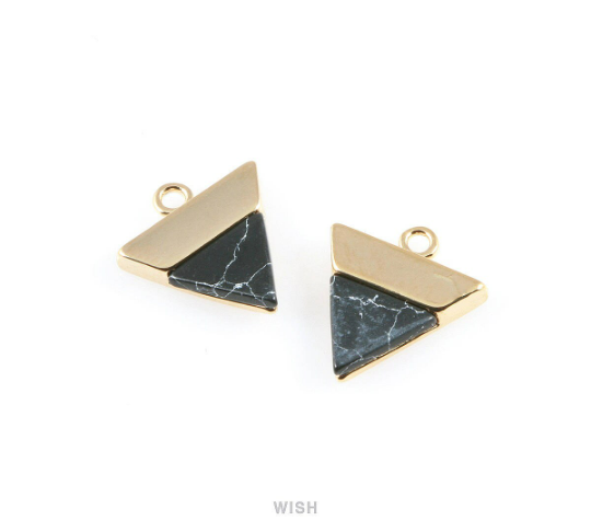 Black Marble Triangle Stone Charm in Gold, Gemstone Framed Pendant / SBMG-053-P