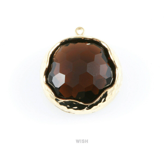 1 piece of Smoky Quartz Faceted Glass Charms in Gold, Framed Round Pendant / GSQG-011-P