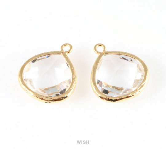 Clear Faceted Glass Charm in Gold, Framed Drop Glass Bead / GCLG-001-P