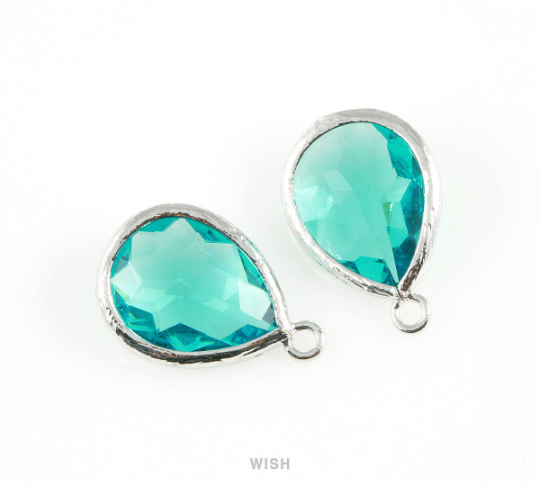 Blue Zircon Teardrop Glass Charm in Rhodium, Framed Drop Glass Gem / GBZRH-005-P
