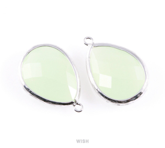 Light Mint Teardrop Glass Charm in Rhodium, Framed Drop Glass Gem / GLMRH-044-P