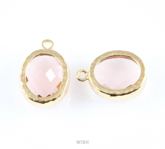 Peach Faceted Glass Charms in Gold, Framed Oval Pendant / GPCG-009-P