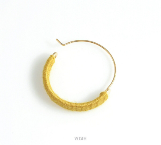 Gold Hoop Earrings and Mustard Cotton Thread Wrapped /FMSG-019-E