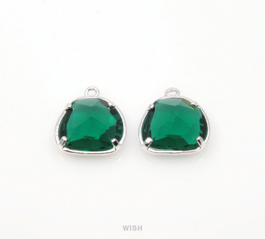 Emerald Pear Glass Charm in Rhodium, Glass Framed Pendant / GEMRH-093-P