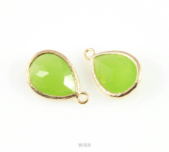 Peridot Teardrop Glass Charm in Gold, Framed Drop Glass Gem / GPDG-005-P