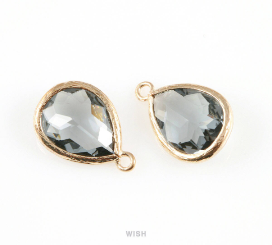 Charcoal Teardrop Glass Charm in Gold, Framed Drop Glass Gem / GCCG-005-P