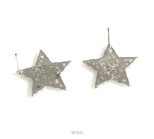 Mesh Star Stud Earrings in Matte Rhodium, Large Star Post Earrings / MMRH-703-E