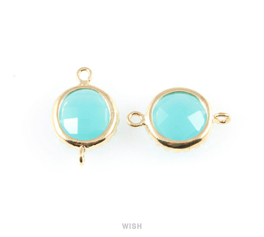 Ocean Blue Faceted Glass Connector in Gold, Framed Round Connector / GOBG-008-P