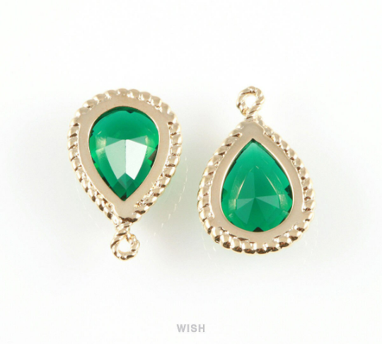 Emerald Teardrop Glass Charm in Gold, Framed Drop Glass Gem/ GEMG-006-P