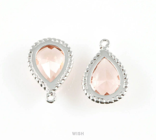 Peach Teardrop Glass Charm in Rhodium, Framed Drop Glass Gem / GPCRH-006-P