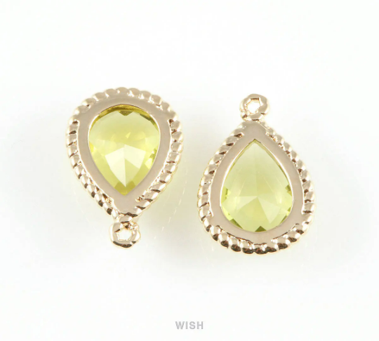 Apple Teardrop Glass Charm in Gold, Framed Drop Glass Gem / GAPG-006-P