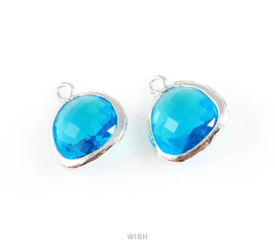 Capri Blue Faceted Glass Charm in Rhodium, Framed Drop Glass Gem / GCBRH-004-P (Medium)