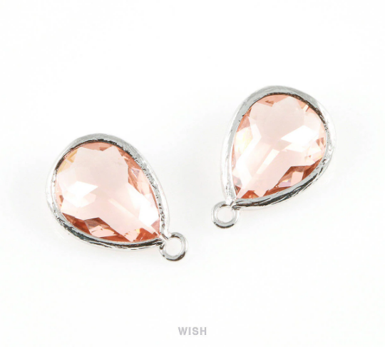 Peach Teardrop Glass Charm in Rhodium, Framed Drop Glass Gem / GPCRH-005-P