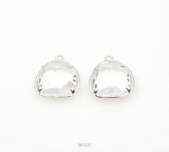 Clear Pear Glass Charm in Rhodium, Glass Framed Pendant /GCLRH-093-P
