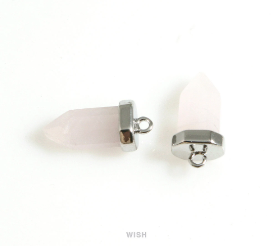 Rose Quartz Point Gemstone Charm in Rhodium, Rose Quartz Point Gemstone Pendant / SRQRH-106-P