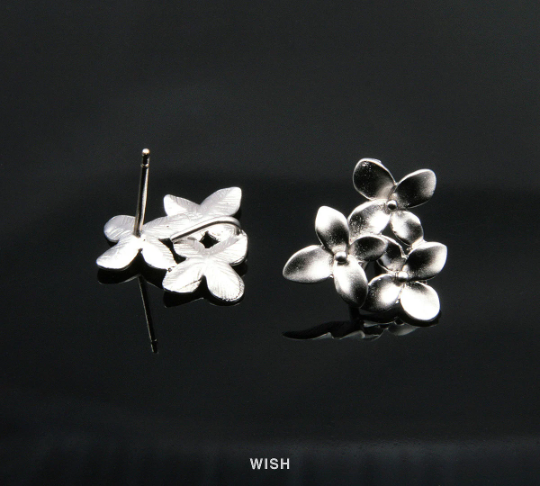 3 Flower Stud Earrings in Matte Rhodium, Flower Leaves Stud Ear Post / MMRH-098-E