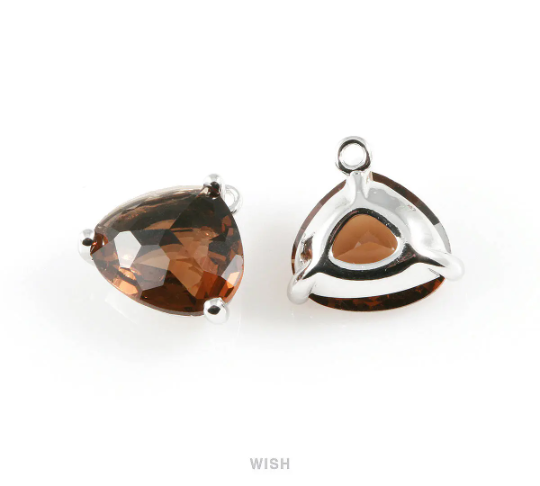 Smoky Quartz Pear Shape Glass Charm in Rhodium, Framed Pendant / GSQRH-042-P