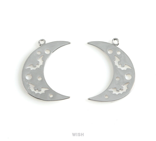 Bats in Crescent Pendant in Rhodium, Bats and Crescent Charm / MRH-484-P