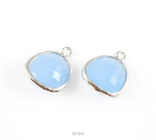 Ice Blue Faceted Glass Charm in Rhodium, Framed Drop Glass Gem / GIBRH-004-P (Medium)