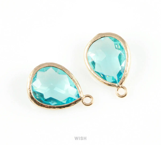 Aquamarine Teardrop Glass Charm in Gold, Framed Drop Glass Gem / GAQG-005-P