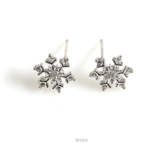 Snowflake Stud Earrings with CZ in Rhodium, CZ Snow Crystal Stud Earrings / CRH-073-E