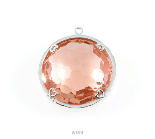 1 piece of Peach Faceted Glass Charms in Rhodium, Framed Round Pendant/ GPCRH-011-P