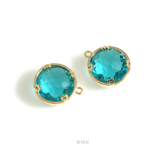 Blue Zircon Faceted Glass Charms in Gold, Framed Round Pendant / GBZG-090-P (Small)