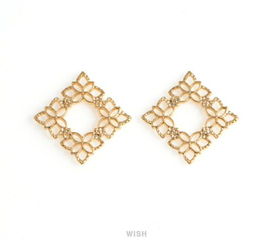 Floral Open Square Charm in Matte Rhodium, Flower Square Pendant / MMRH-688-P