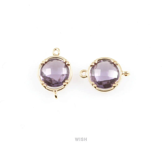 Amethyst Round Glass Connectors in Gold, Framed Glass Gem /GTZG-018-P (Medium)