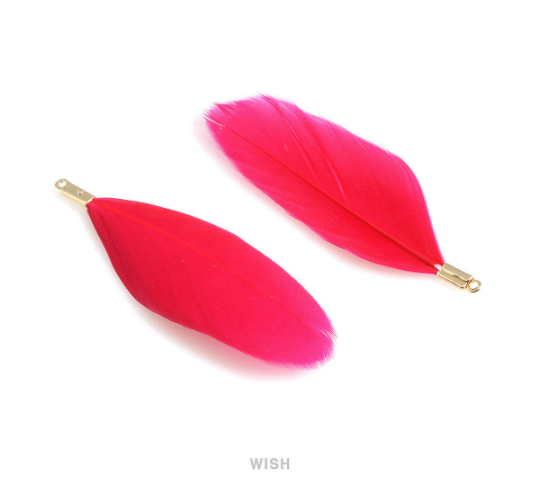 4 Hot Pink Genuine Feather with Gold Loop, Feather Charm / FFSG-001-P