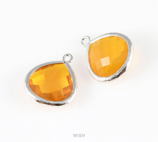 Citrine Faceted Glass Charm in Rhodium, Framed Drop Glass Bead /GCNRH-001-P (Large)