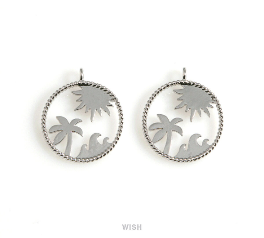 Tropical Circle Pendants in Rhodium, Tropical Jewelry Charm / MRH-505-P
