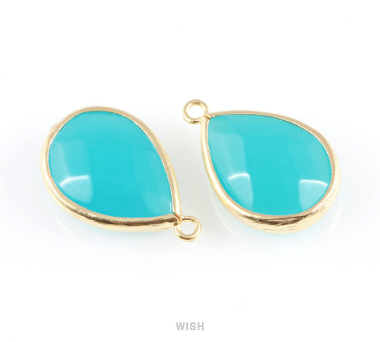 Ocean Blue Faceted Synthetic Stone Charms in Matte Gold, Framed Teardrop Pendant / SOBMG-010-P