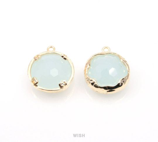 Alice Blue Faceted Glass Charms in Gold, Framed Round Pendant / GABG-090-P (Small)