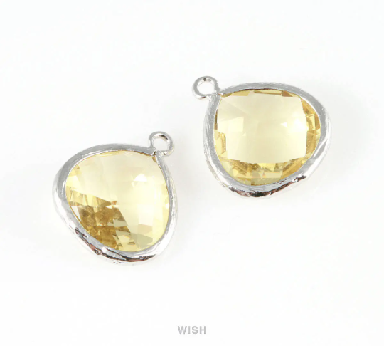 Topaz Faceted Glass Charm in Rhodium, Framed Drop Glass Bead / GTPRH-001-P (Large)