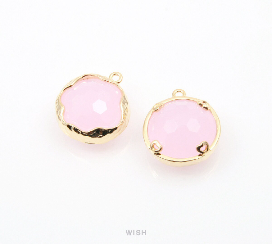 Rose Quartz Faceted Glass Charms in Gold, Framed Round Pendant / GRQG-090-P (Small)