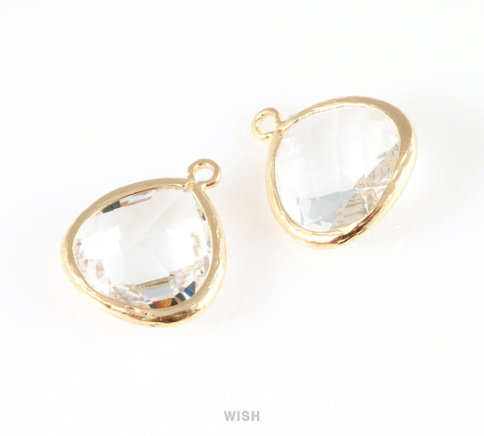 Clear Faceted Glass Charm in Matte Gold, Framed Drop Glass Bead / GCLMG-001-P (Large)