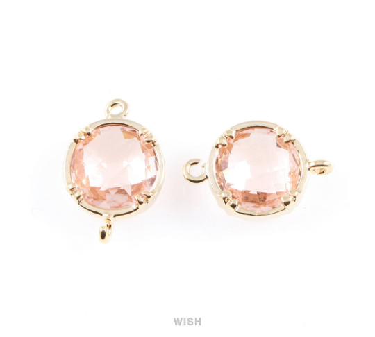 Peach Round Glass Connectors in Gold, Framed Glass Gem / GPCG-018-P (Medium)