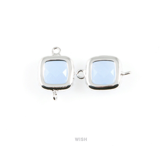 Ice Blue Faceted Glass Connector in Rhodium, Framed Square Connector / GIBRH-007-P