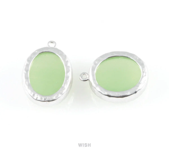 Light Mint Faceted Glass Charms in Matte Rhodium, Framed Oval Pendant / GLMMRH-009-P