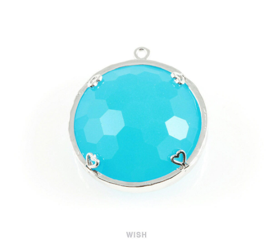 1 piece of Ocean Blue Faceted Glass Charms in Rhodium, Framed Round Pendant/ GOBRH-011-P