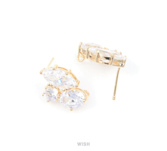 2 pcs 3 Cubic Zirconia Stud Earrings in Gold, Cubic Zirconia Ear Stud / CG-024-E