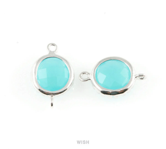 Ocean Blue Faceted Glass Connector in Rhodium, Framed Round Connector / GOBRH-008-P