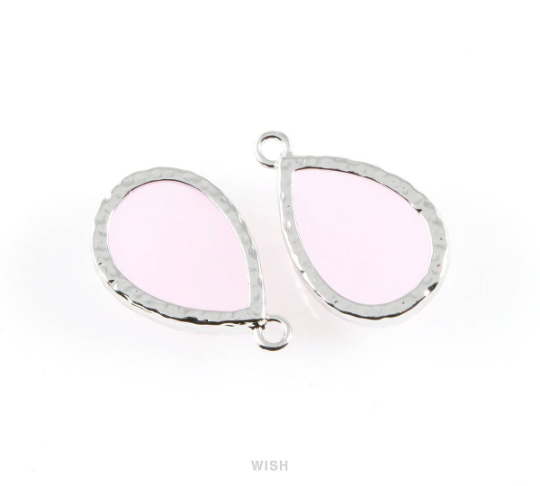 Rose Quartz Teardrop Glass Charm in Rhodium, Framed Drop Glass Gem / GRQRH-037-P