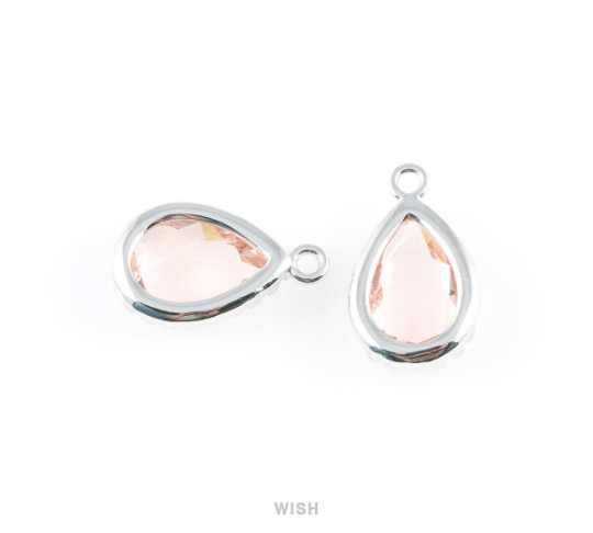 Peach Teardrop Glass Charm in Rhodium, Framed Drop Glass Gem / GPCRH-017-P