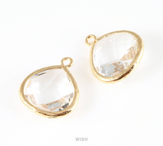 Clear Faceted Glass Charm in Gold, Framed Drop Glass Bead / GCLG-001-P