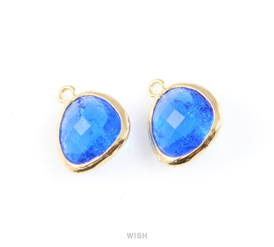 Cobalt Blue Sparkle Glass Charm in Gold, Framed Drop Glass Bead /