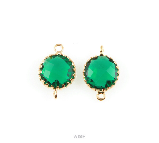 Emerald Faceted Glass Connector in Rhodium, Framed Round Connector /