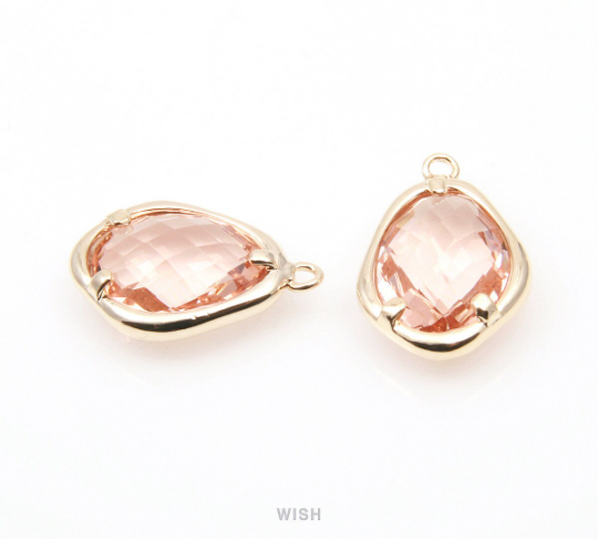 Peach Faceted Glass Charms in Gold, Framed Teardrop Pendant / GPCG-085-P