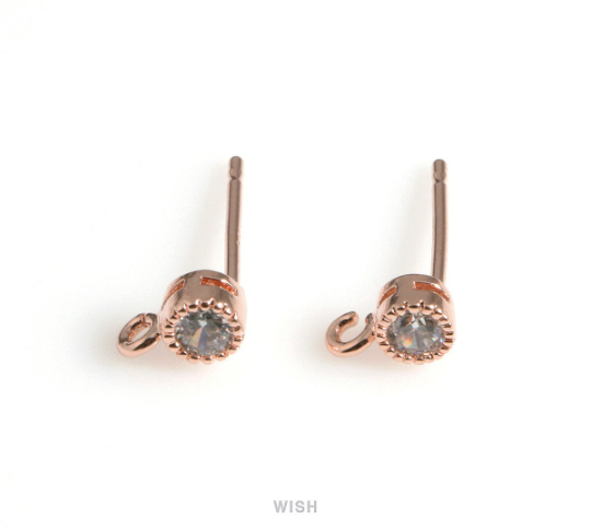Round Cubic Zirconia Stud Earrings in Rose Gold , CZ Stud Earrings / CRG-050-E (4pcs)